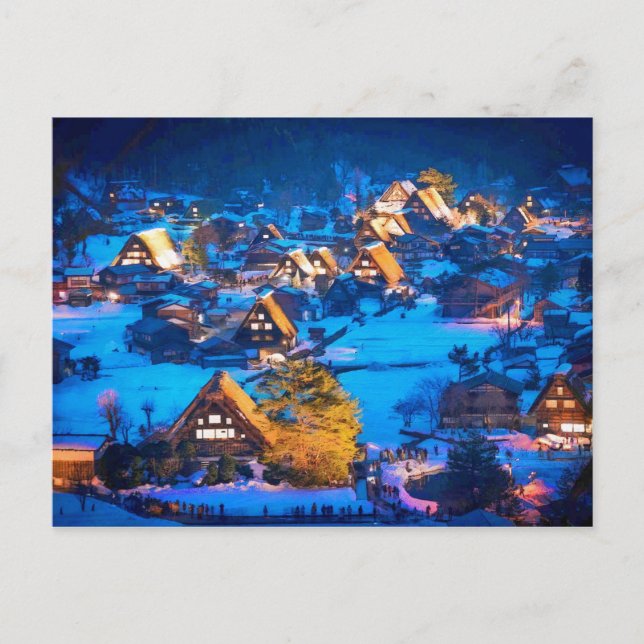 Nachtblick auf Shirakawa-go Postkarte (Vorderseite)