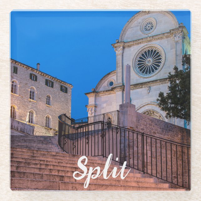 Nachtblick auf Treppe und Kirche in Split, Kroatie Glasuntersetzer (Vorderseite)