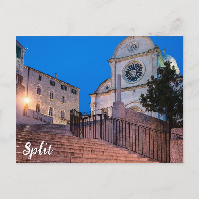 Nachtblick auf Treppe und Kirche in Split, Kroatie Postkarte (Vorderseite)