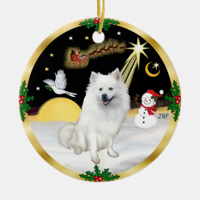 Nachtflug - amerikanischer Eskimo-Hund Keramikornament (Vorne)