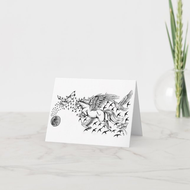 Nachtflug-Einhorn u. Vogel Notecard Karte (Vorderseite)