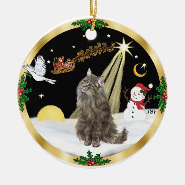 Nachtflug (GW) - Norwegische Waldkatze Keramikornament (Vorne)