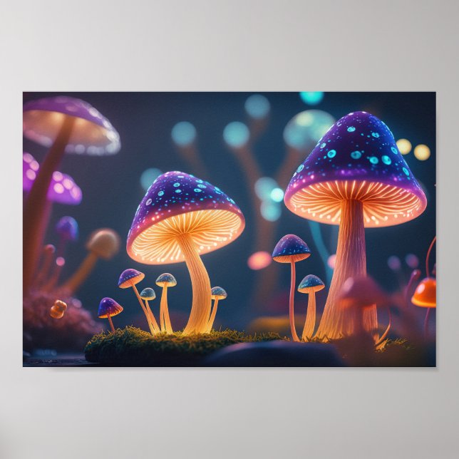 Nachtglühen Lila Pilze Poster (Vorne)