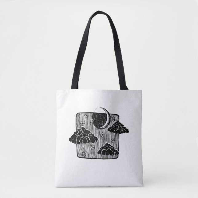 Nachthimmel Halbmond Wolken Handgezeichnete Illust Tasche (Vorderseite)