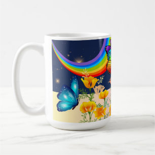 Nachthimmel, Regenbogen, Schmetterlinge und Blume Kaffeetasse