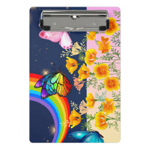 Nachthimmel, Regenbogen, Schmetterlinge und Blume Mini Klemmbrett