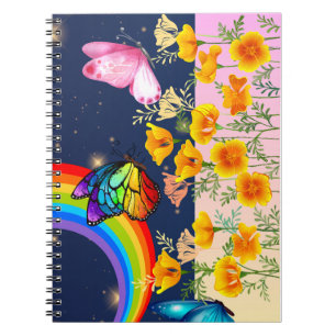 Nachthimmel, Regenbogen, Schmetterlinge und Blume Notizblock