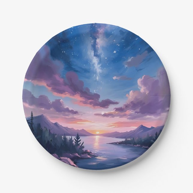 Nachthimmel | Sternensee Lila Aquarell Pappteller (Vorderseite)