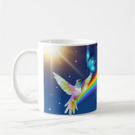 Nachthimmel, zwei Vögel, Schmetterlinge und ein Re Kaffeetasse