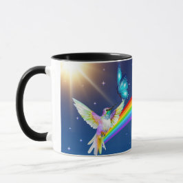 Nachthimmel, zwei Vögel, Schmetterlinge und ein Re Tasse