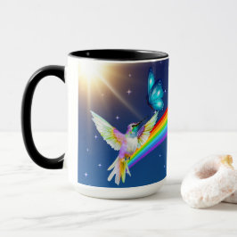 Nachthimmel, zwei Vögel, Schmetterlinge und ein Re Tasse