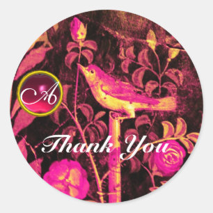 NACHTIGALL MIT ROSEN-MONOGRAMM Rosa-Gelb-Schwarzem Runder Aufkleber