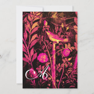 NACHTIGALL MIT ROSEN MONOGRAMM, Rosa Schwarz Gelb Einladung