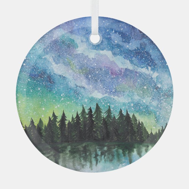 Nachtlandschaft Wasserfarbe, Milchstraße Ornament Aus Glas (Vorderseite)