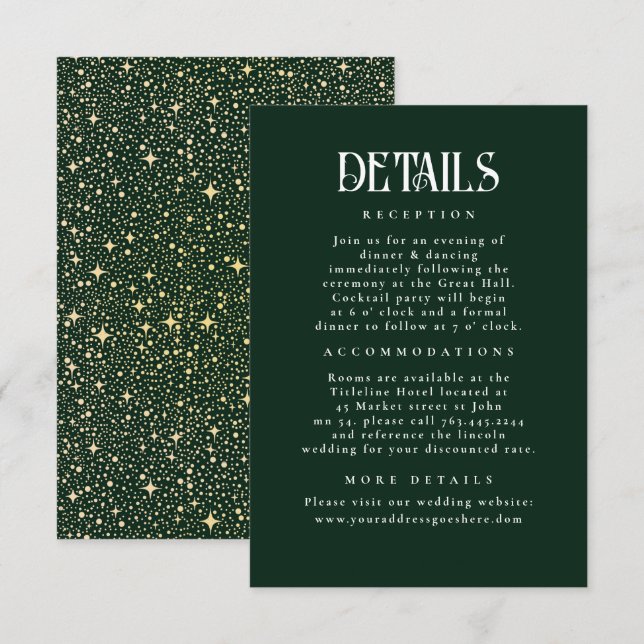 nächtliche Sterne Emerald Green Wedding Details Begleitkarte (Vorne/Hinten)