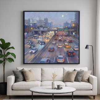 Nächtliche Verkehrsstaus - Stadtlandschaft im Past Poster