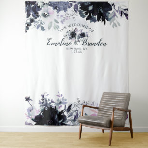 Nächtlicher floraler Navy-Hochzeits-Fotobooth-Hint Wandteppich