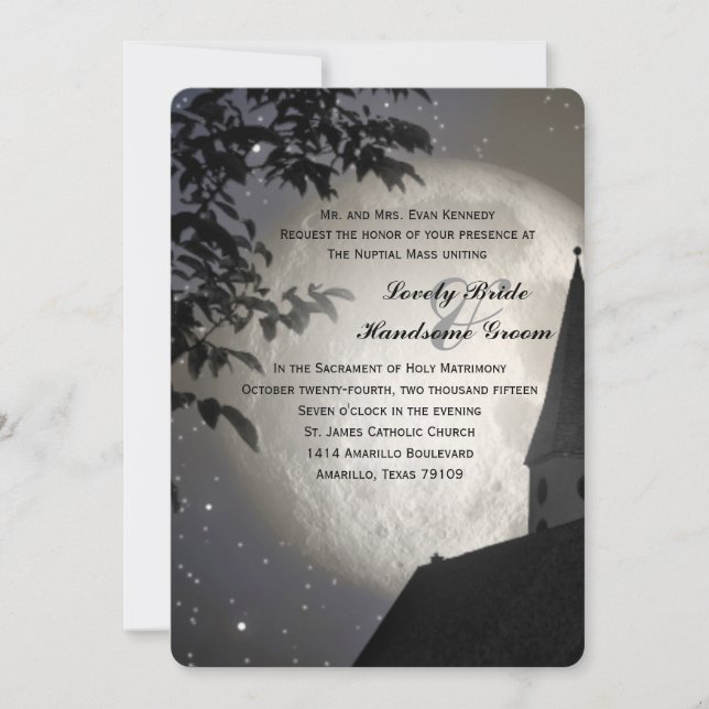 Nachtmond Country Church Katholische Hochzeit Einladung (Vorderseite)
