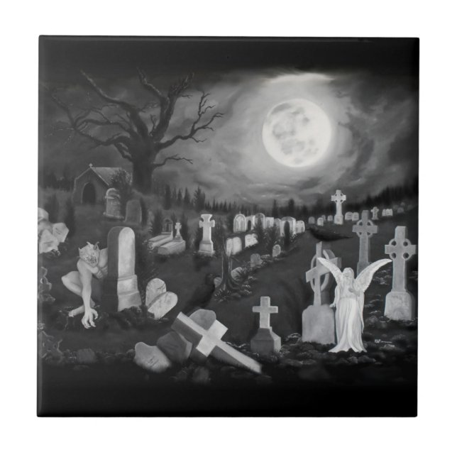 Nachts am Friedhof - Engel mit dem Teufel Fliese (Vorderseite)