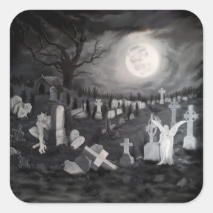 Nachts am Friedhof - Engel mit dem Teufel Quadratischer Aufkleber