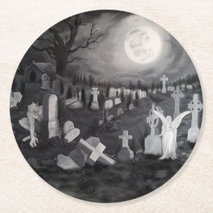 Nachts am Friedhof - Engel mit dem Teufel Runder Pappuntersetzer