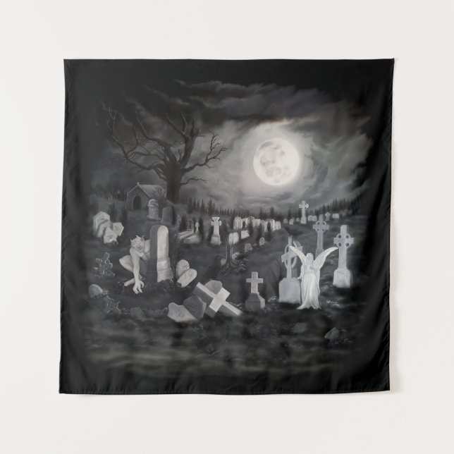 Nachts am Friedhof - Engel mit dem Teufel Wandteppich (Vorderseite)