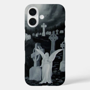 Nachts auf dem Friedhof - Engel mit Crow iPhone 16 Hülle