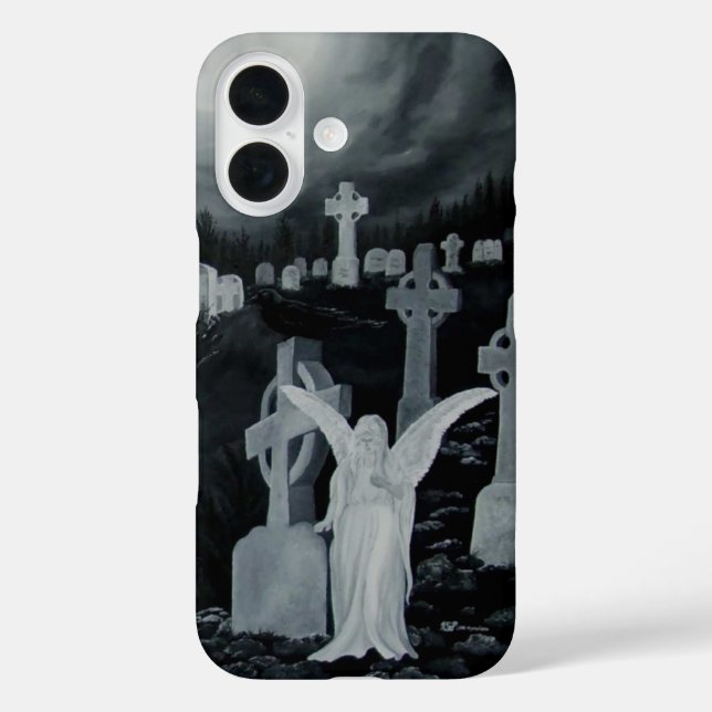 Nachts auf dem Friedhof - Engel mit Crow iPhone 16 Hülle (Rückseite)
