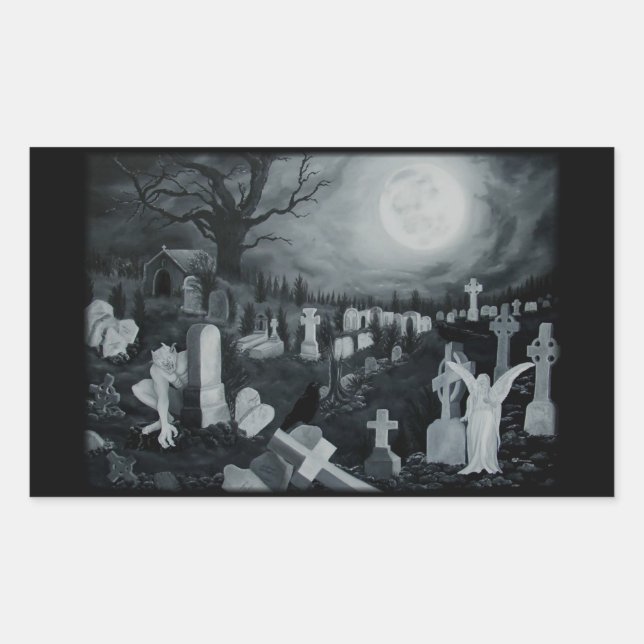 Nachts auf dem Friedhof - Engel mit Teufel Rechteckiger Aufkleber (Vorderseite)