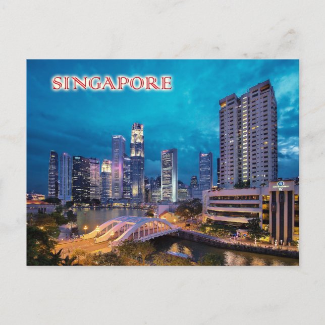 Nachts Kai und Singapur-Skyline Postkarte (Vorderseite)