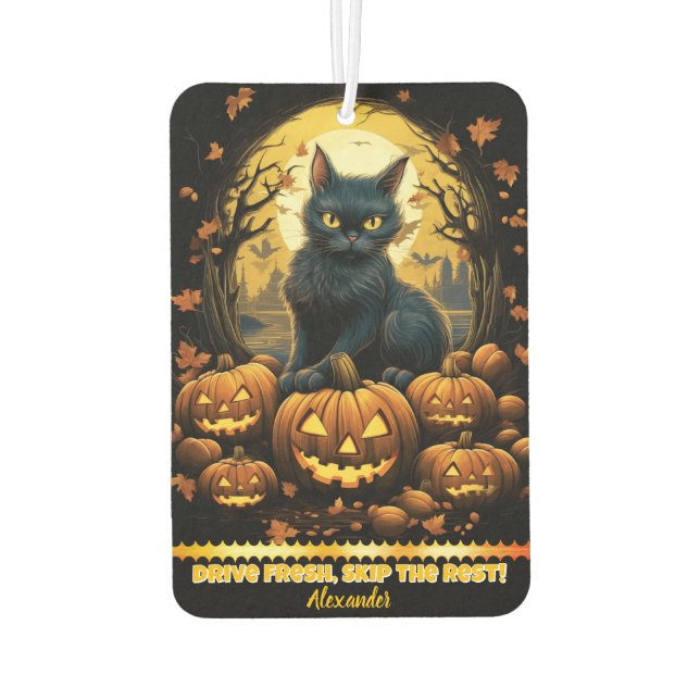 Nachtschwarze Katze mit Jack-o'-Laternen Autolufterfrischer (Rückseite)