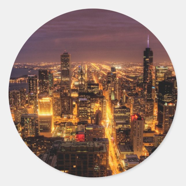 Nachtstadtbild von Chicago Runder Aufkleber (Vorderseite)