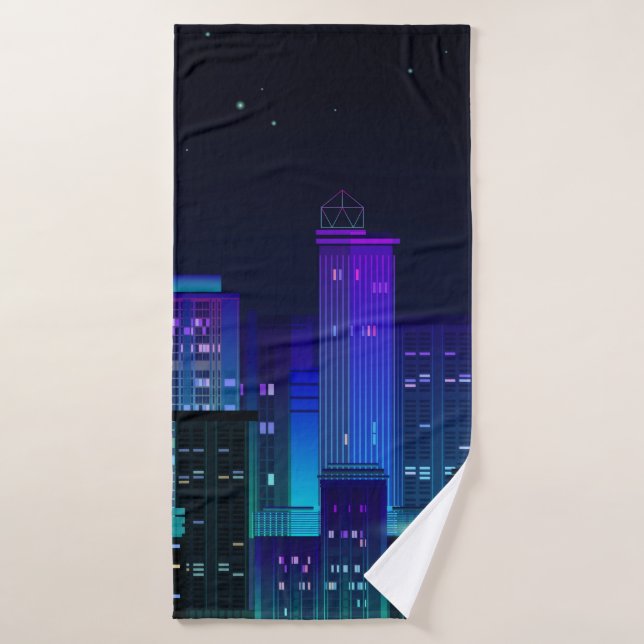 Nachtstadtpanorama mit Neonglühen auf dunklem Hint Badehandtuch (Badehandtuch)