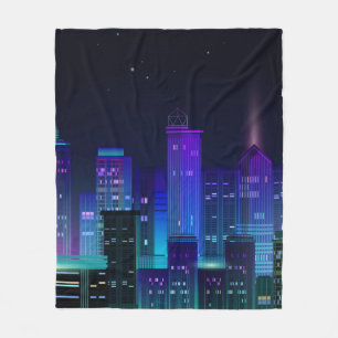 Nachtstadtpanorama mit Neonglühen auf dunklem Hint Fleecedecke