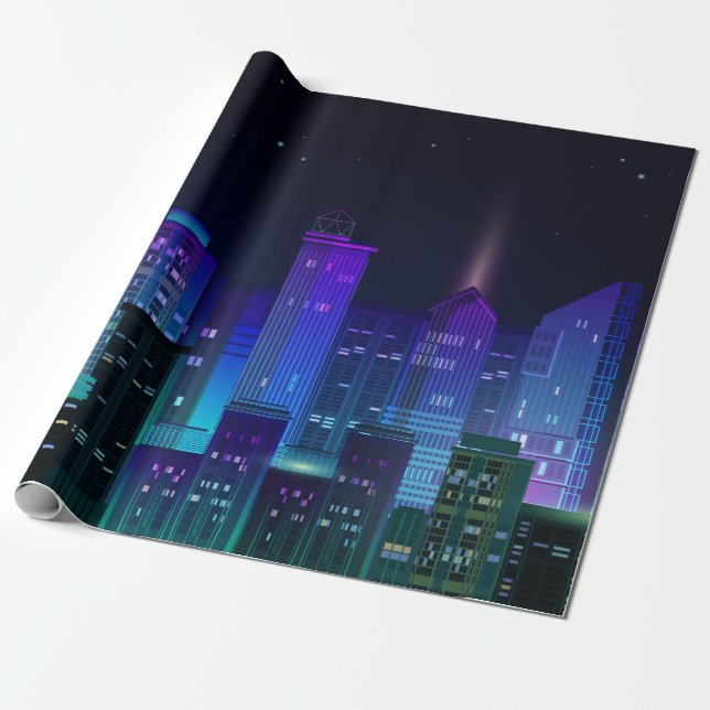 Nachtstadtpanorama mit Neonglühen auf dunklem Hint Geschenkpapier (Ungerollt)