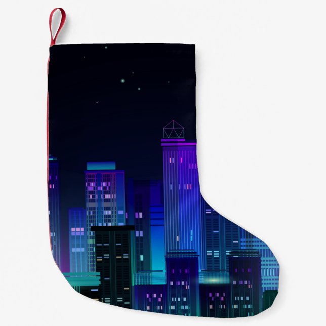 Nachtstadtpanorama mit Neonglühen auf dunklem Hint Kleiner Weihnachtsstrumpf (Vorderseite)