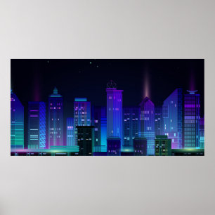 Nachtstadtpanorama mit Neonglühen auf dunklem Hint Poster