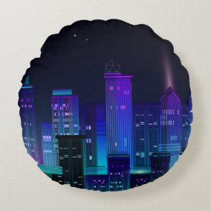 Nachtstadtpanorama mit Neonglühen auf dunklem Hint Rundes Kissen