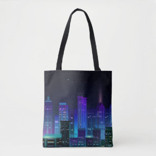 Nachtstadtpanorama mit Neonglühen auf dunklem Hint Tasche