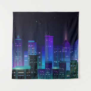 Nachtstadtpanorama mit Neonglühen auf dunklem Hint Wandteppich