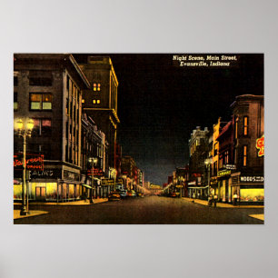Nachtszenen-Hauptstraße Evansvilles, Indiana Poster