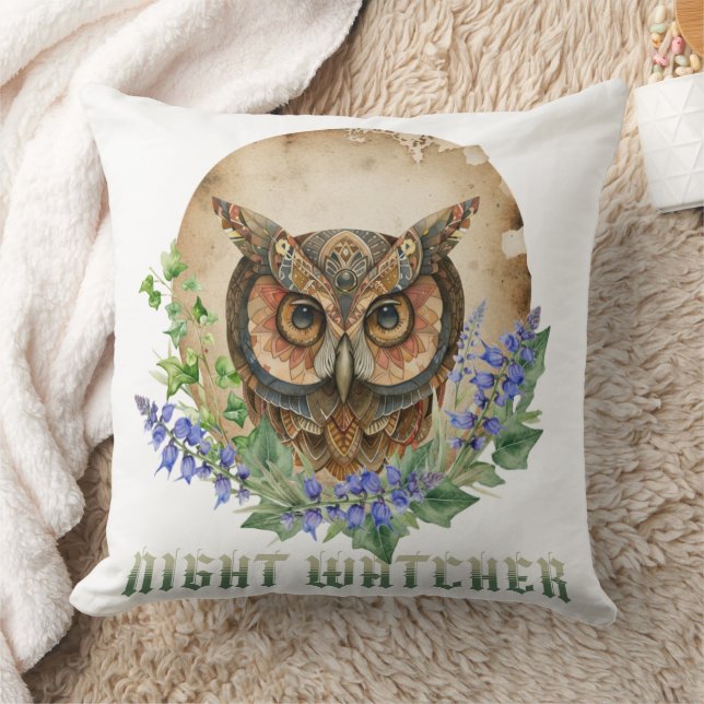 Nachtwächter Boho Eule Illustration Kissen (Decke)