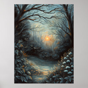 Nachtwald-Sonnenuntergangs-Fluss-Kunst Poster