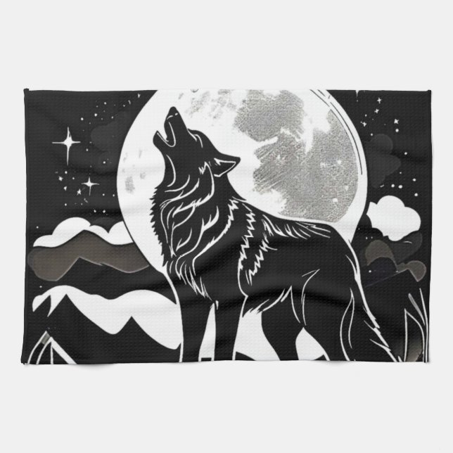 Nachtwolf-Silhouette Geschirrtuch (Horizontal)