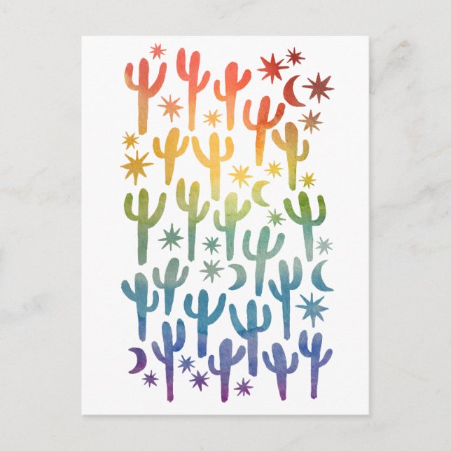 Nachtwüste Saguaro Cactus Rainbow Watercolor Postkarte (Vorderseite)