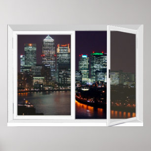 Nachtzeit-London-Stadt-Ansicht-Fake-Fenster Poster