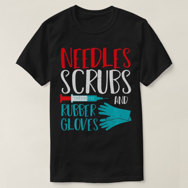 Nadeln, Schlupfen und Gummihandschuhe Ärztin T-Shirt (Design vorne)