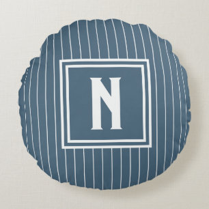 Nadelstreifen - Navy + Weiß Rundes Kissen