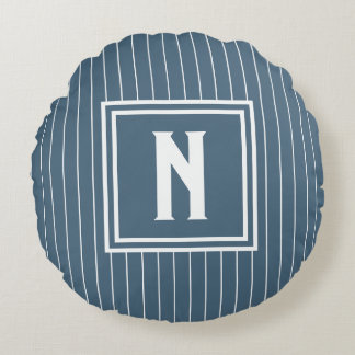 Nadelstreifen - Navy + Weiß Rundes Kissen