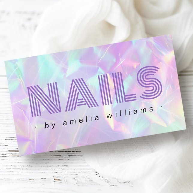 Nägel lila holografische pastellfarbene Regenbogen Visitenkarte (Nails purple holographic pastel rainbow colors business card)